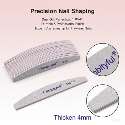 25 Pcs Thick Nail File 180/240 Grit Semicircle Shape, Emery Boards Nail File for Natural Nails and Acrylic Nails, Double Sided Boards Profesional for Home and Salon