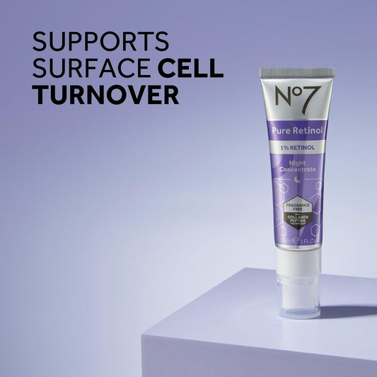 No7 Pure Retinol 1% Night Concentrate - Anti Wrinkle Retinol Serum with Collagen Peptides & Niacinamide for Younger Looking Skin - Firming Face Serum for Fine Lines & Wrinkles (30ml)