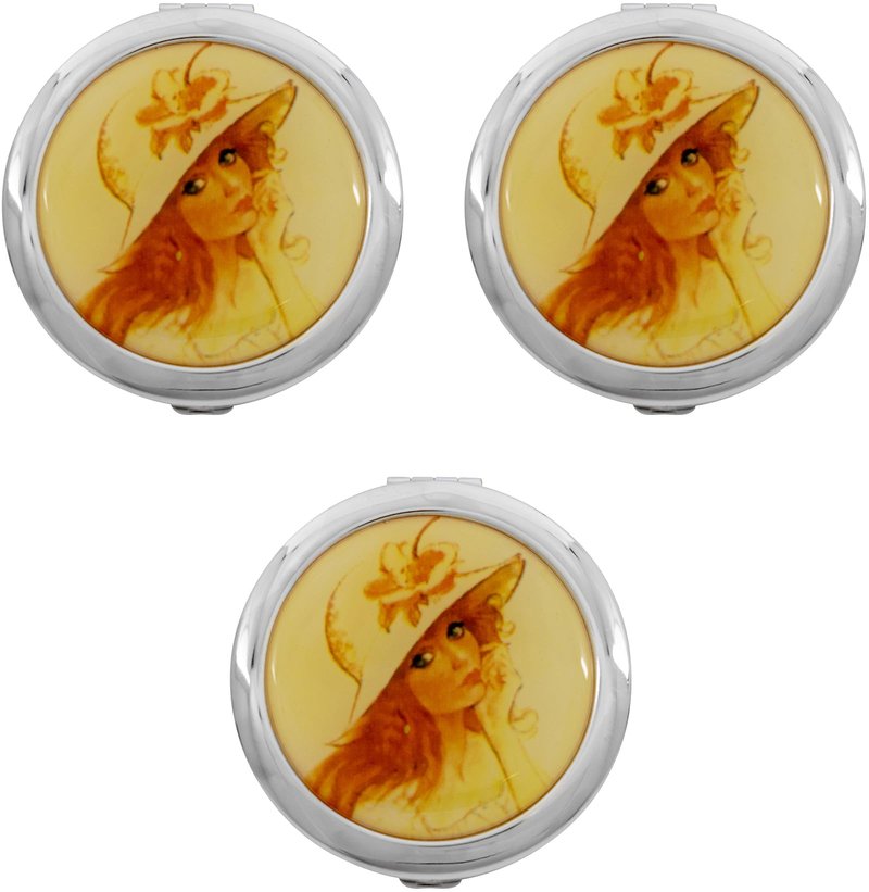 Stephanie Imports Set of 3 Double Sided Magnifying Round Compact Mirrors with Printed Insert (Gatsby Sun Hat)