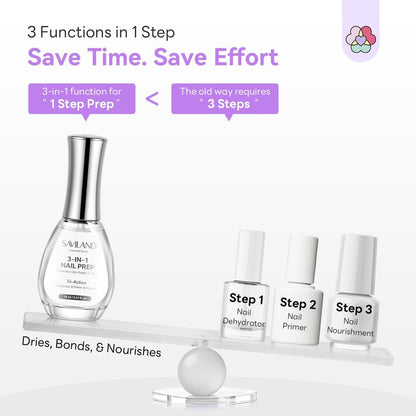 SAVILAND Essentials Tri-Action Nail Dehydrator and Primer: 3-in-1 Nail Primer for Better Adhesion & Longer Lasting Manicure Plant-Based Nourishing Dehydrator Nails Prep Supplies for Salon