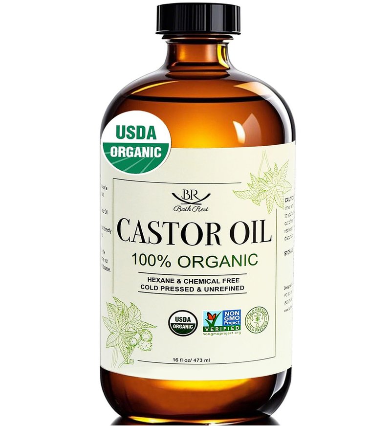 Bathrest Castor Oil Organic Cold Pressed Unrefined Glass Bottle 100% Pure for Hair Growth Eyelashes Brows Castor Oil Packs, Natural Skin Moisturizer, USDA Certified Hexane Free Vegan 16 oz (473ml)