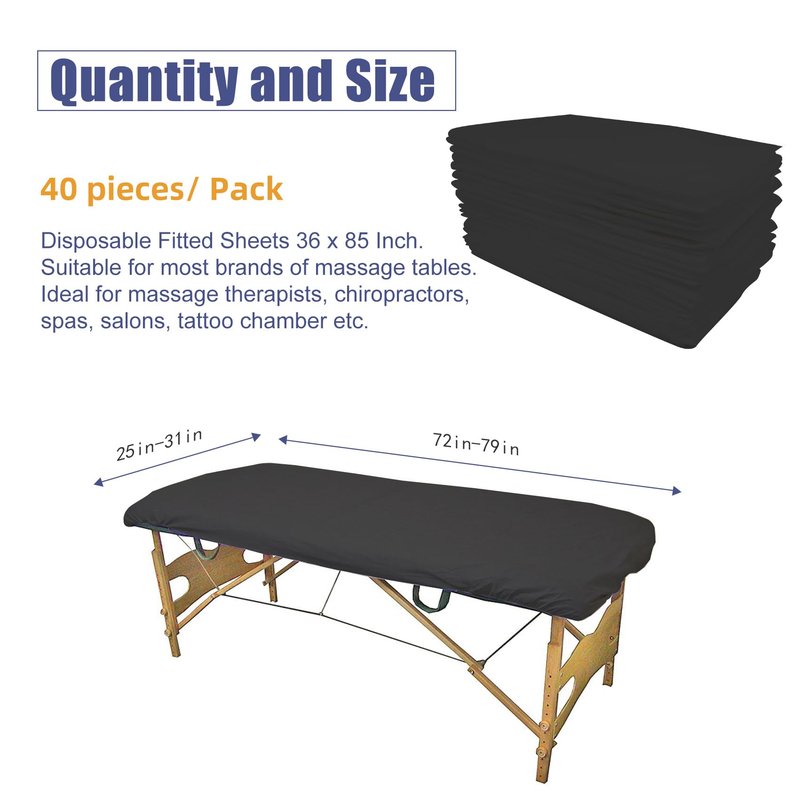 40PCS Disposable Fitted Massage Table Sheets, Heavy Duty Elastic Disposable Bed Cover, Breathable Disposable Fitted Sheets for Spa Black Non Woven Fabric 36 x 85 Inch