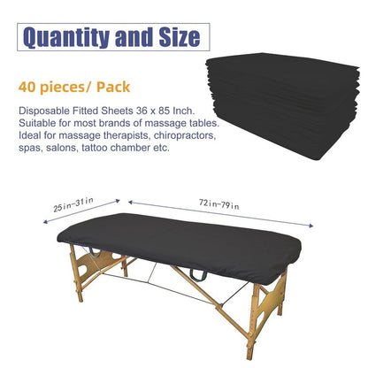 40PCS Disposable Fitted Massage Table Sheets, Heavy Duty Elastic Disposable Bed Cover, Breathable Disposable Fitted Sheets for Spa Black Non Woven Fabric 36 x 85 Inch