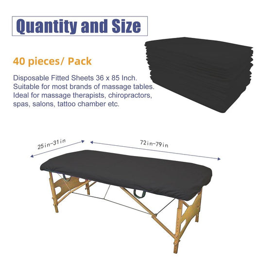 40PCS Disposable Fitted Massage Table Sheets, Heavy Duty Elastic Disposable Bed Cover, Breathable Disposable Fitted Sheets for Spa Black Non Woven Fabric 36 x 85 Inch