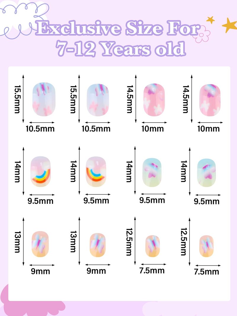 168 Pieces Press on Nails for Kids, EBANKU 7 Pack Kid Fake Nail Kit Candy Butterfly Press on Nails for Girls 6-12 Years with Nail Glue for Christmas Party