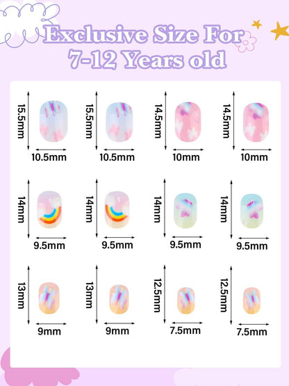 168 Pieces Press on Nails for Kids, EBANKU 7 Pack Kid Fake Nail Kit Candy Butterfly Press on Nails for Girls 6-12 Years with Nail Glue for Christmas Party