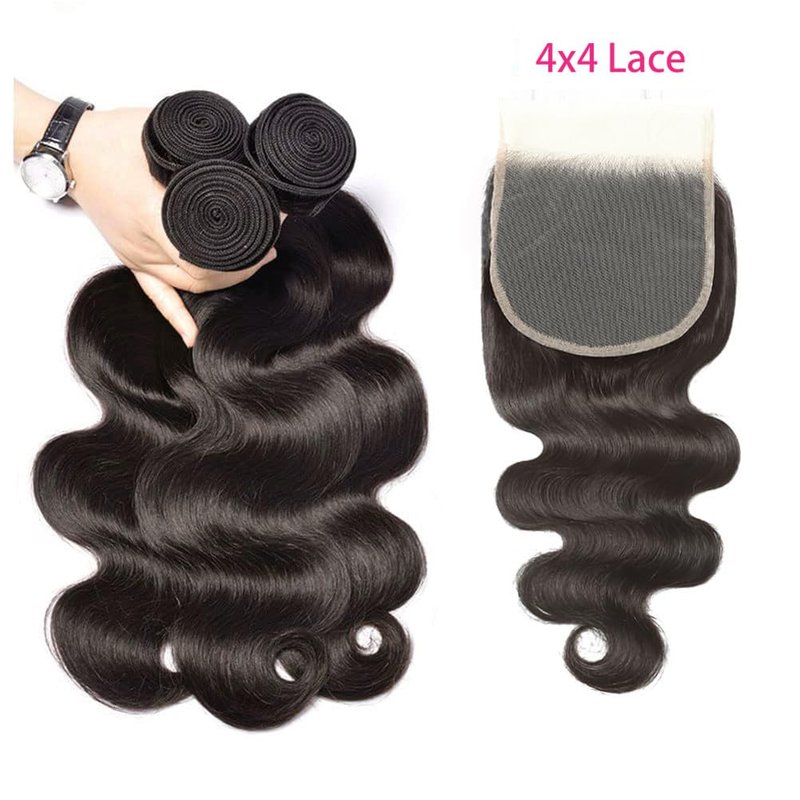 Human Hair Bundles with Closure 10 12 14+8 Inch Body Wave Closure with Bundles 100% Brazilian Virgin 3 Bundles Human Hair Weave with 4x4 Free Part Lace Closures Natural Black