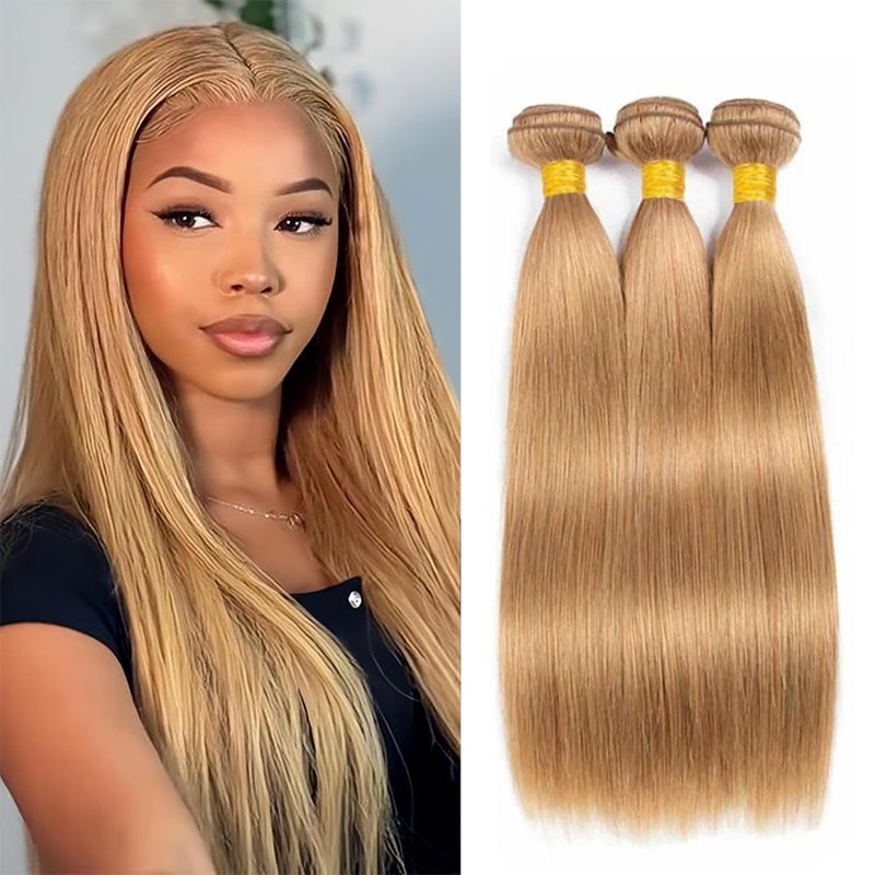 Honey Blonde Human Hair Bundles 14 16 18 Inch Straight Bundles Human Hair Unprocessed Native Virgin Hair 100/PC 3 Extensions #27 Blonde Color Wet and Wavy Human Hair Extensions for Women