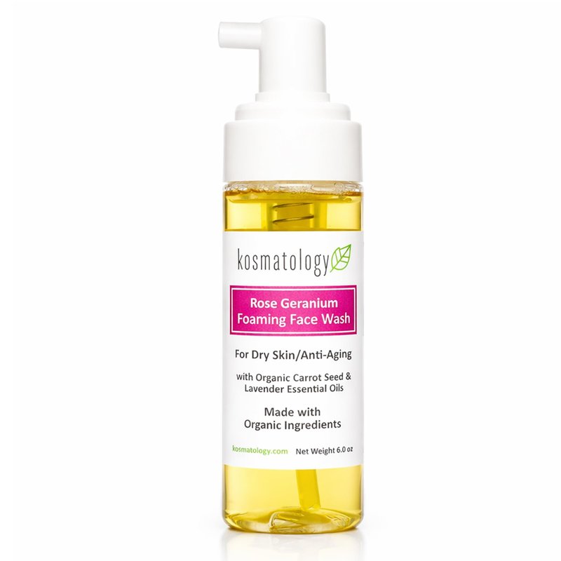 kosmatology Rose Geranium Foaming Face Wash – Hydrating Facial Cleanser for Dry & Mature Skin – Gentle Anti Aging Skincare, 6 oz.