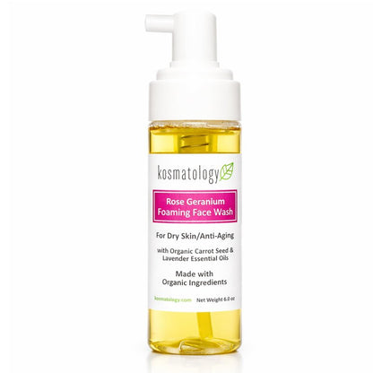 kosmatology Rose Geranium Foaming Face Wash – Hydrating Facial Cleanser for Dry & Mature Skin – Gentle Anti Aging Skincare, 6 oz.