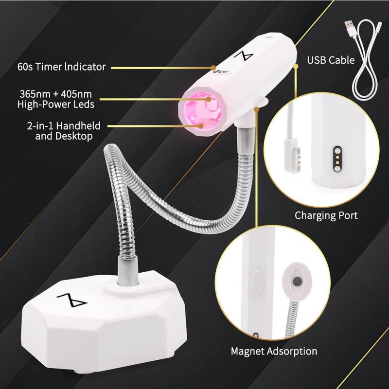 M-CuraLite 2-in-1 Handheld & Desktop Nail Flash Cure Lamp with Focus Beam Technology, UV & LED Light - for Gel X, Acrylic, Builder - Portable & Adjustable, Soft Gel Tips & Nails Repair (White)