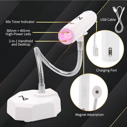 M-CuraLite 2-in-1 Handheld & Desktop Nail Flash Cure Lamp with Focus Beam Technology, UV & LED Light - for Gel X, Acrylic, Builder - Portable & Adjustable, Soft Gel Tips & Nails Repair (White)