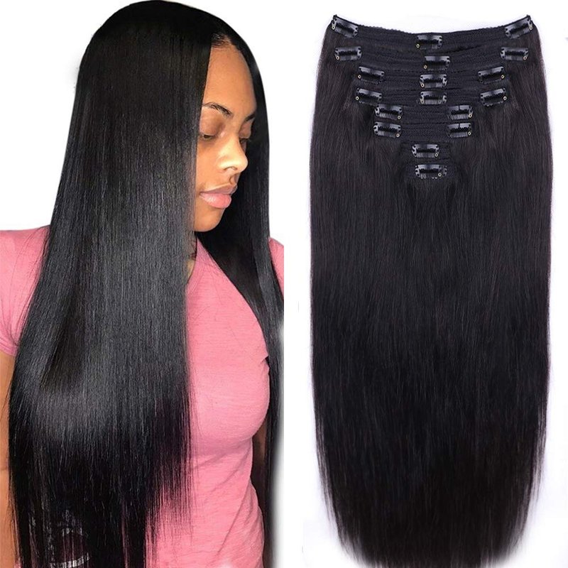Straight Human Hair Clip in Hair Extensions for Women 100% Unprocessed Full Head Brazilian Virgin Hair Natural Black Color,8/Pcs with 18Clips,120 Gram (16inch, Straight hair)