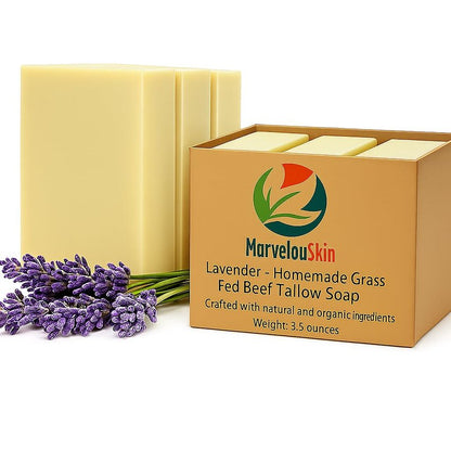 Lavender Tallow Soap Bar, Grass Fed Beef Tallow with Lavender Essential Oil, Gentle Cleanser for Face and Body, Suitable for Sensitive Skin, Rich Creamy Lather, No Added Parabens and Sulfates, 3 Pack