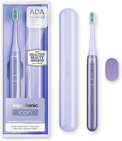 Aquasonic Icon ADA-Accepted Rechargeable Toothbrush | Magnetic Holder & Slim Travel Case | 2 Brushing Modes & Smart Timers | Gentle Micro-Vibrations (Lilac)