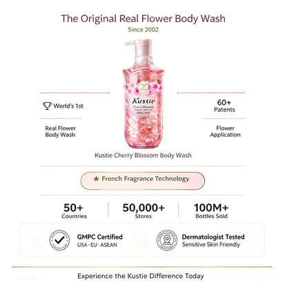 Kustie Cherry Blossom Body Wash for Women | Brightening Hydrating Shower Gel with Real Flower Petals, Niacinamide & Hyaluronic Acid | Light Natural Scent for Daily Use | Sulfate Free, 16.9 fl oz