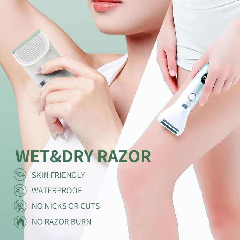 Bikini Trimmer for Women, 3-in-1 Electric Razors for Women, Waterproof Bikini Shaver Replaceable Facial, Body Trimmer for Pubic Hair, Painless Razor for Hair Trimmer, Mint Green