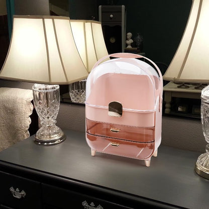 BENEALL Cosmetic Organizer Skincare Organizers, Makeup Organizer Box for Countertop with Lid and Drawers, Make Up Storage Organizer with Waterproof & Dustproof Cover for Vanity Women Girls (Pink)