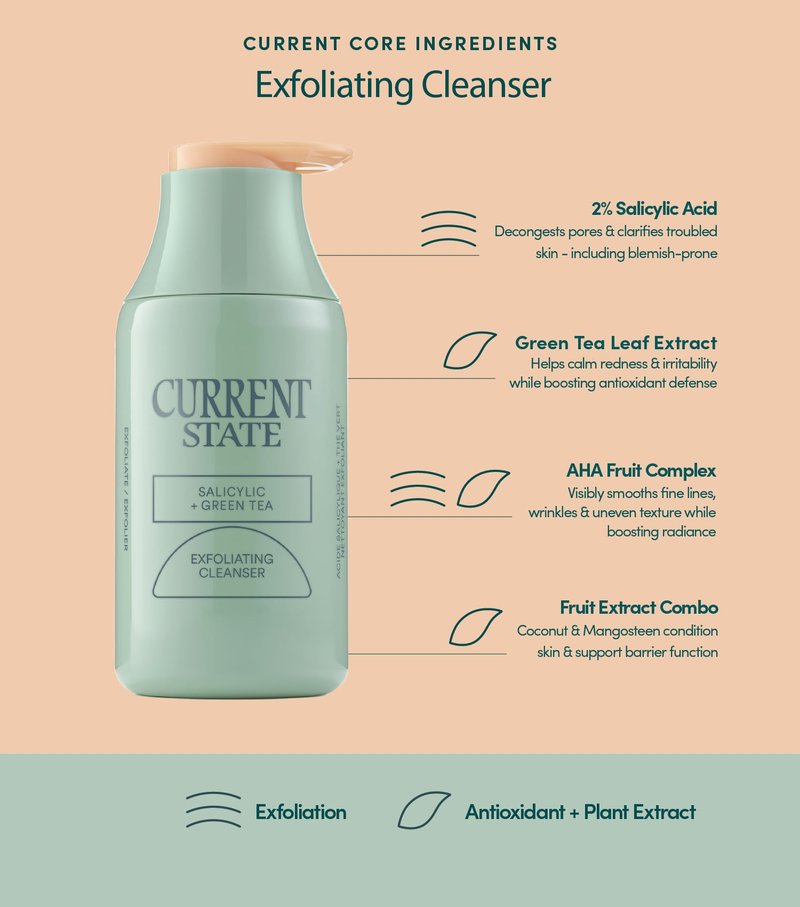 Exfoliating Face Wash - 2% Salicylic Acid Cleanser and Green Tea by Current State | Acne Wash | Pore Minimizer For Face | 5.1 fl oz. Made In The USA