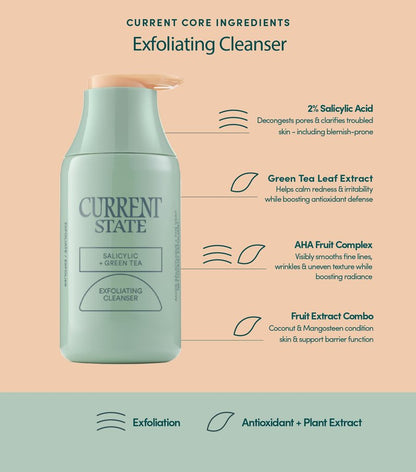 Exfoliating Face Wash - 2% Salicylic Acid Cleanser and Green Tea by Current State | Acne Wash | Pore Minimizer For Face | 5.1 fl oz. Made In The USA