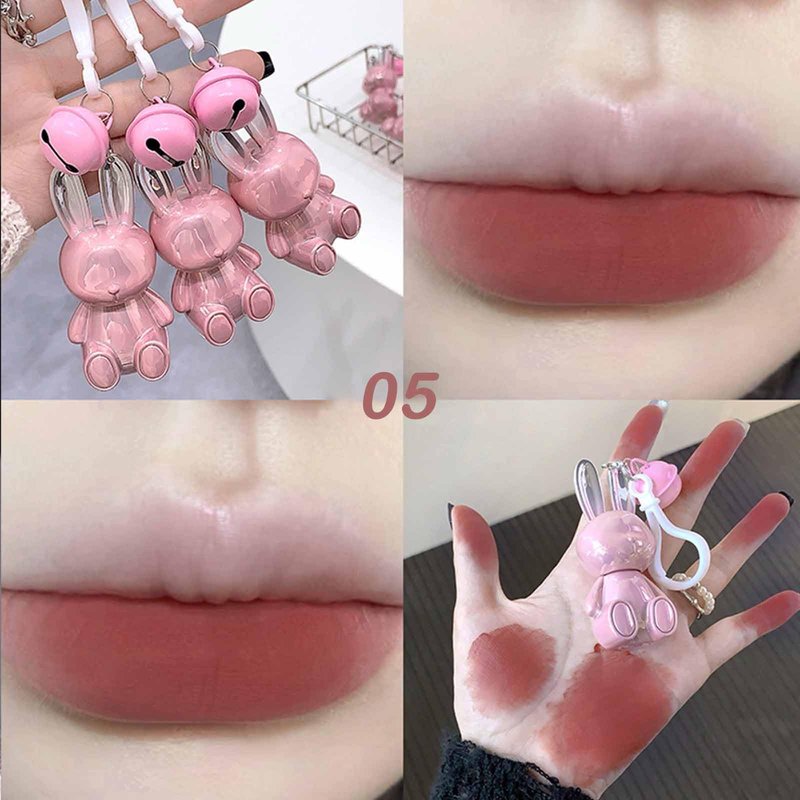 KTouler 3 Colors Cute Bunny Lip Gloss Keychain Set, Red Pink Brown Liquid Velvet Matte Lipstick,Long Lasting Soft Lipstick for Women Girls