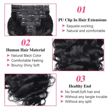 MYouan Seamless Body Wave Clip Ins PU Weft Clip In Hair Extensions Real Human Hair Clip Ins 16Inch 100% Unprocessed Human Hair Extensions 8pcs/set (20Clips120g)