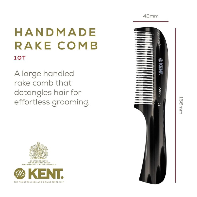 Kent 10T Graphite and Tortoise Large Detangler Comb, Handmade Wide Tooth Comb for Curly Hair, Detangling Combs For Wet and Dry Hair, Combs for Thick Hair, Saw-Cut and Hand Polished Made in England