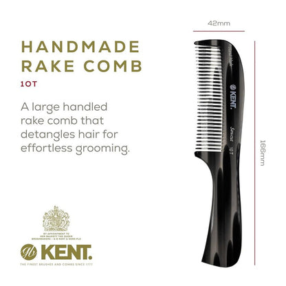 Kent 10T Graphite and Tortoise Large Detangler Comb, Handmade Wide Tooth Comb for Curly Hair, Detangling Combs For Wet and Dry Hair, Combs for Thick Hair, Saw-Cut and Hand Polished Made in England