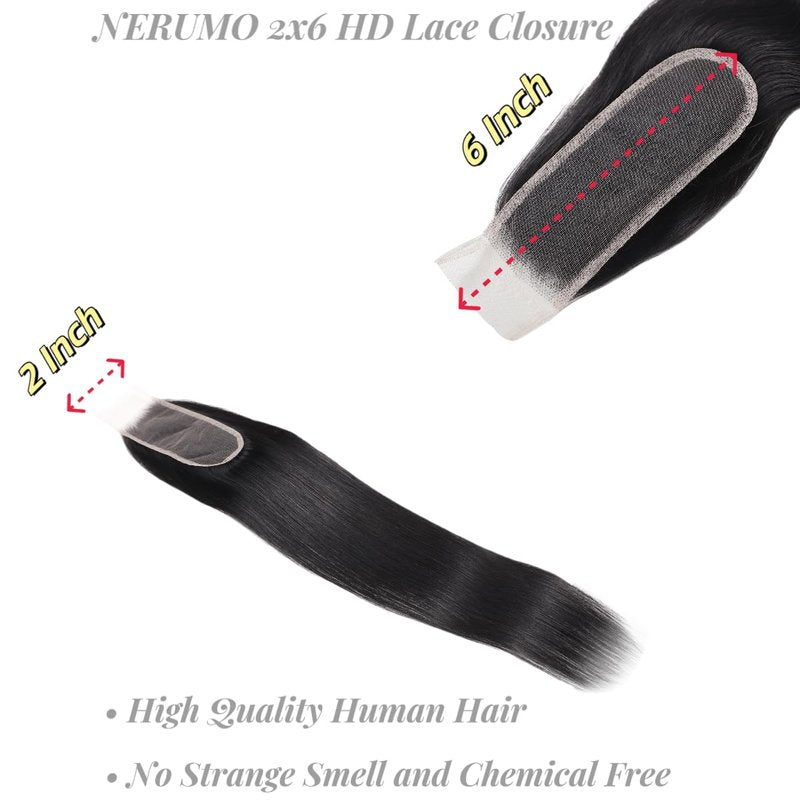 2x6 HD Lace Closure Straight Human Hair 16 Inch 2 by 6 HD Lace Closure 100% Brazilian Virgin Unprocessed Middle Part Human Hair Kim K Closure With Baby Hair Natural Color