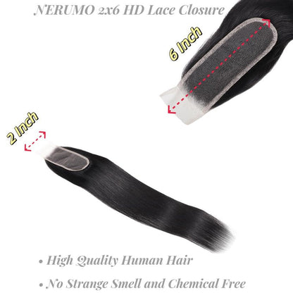2x6 HD Lace Closure Straight Human Hair 16 Inch 2 by 6 HD Lace Closure 100% Brazilian Virgin Unprocessed Middle Part Human Hair Kim K Closure With Baby Hair Natural Color