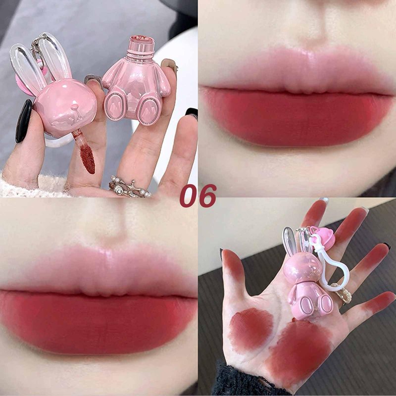 KTouler 3 Colors Cute Bunny Lip Gloss Keychain Set, Red Pink Brown Liquid Velvet Matte Lipstick,Long Lasting Soft Lipstick for Women Girls