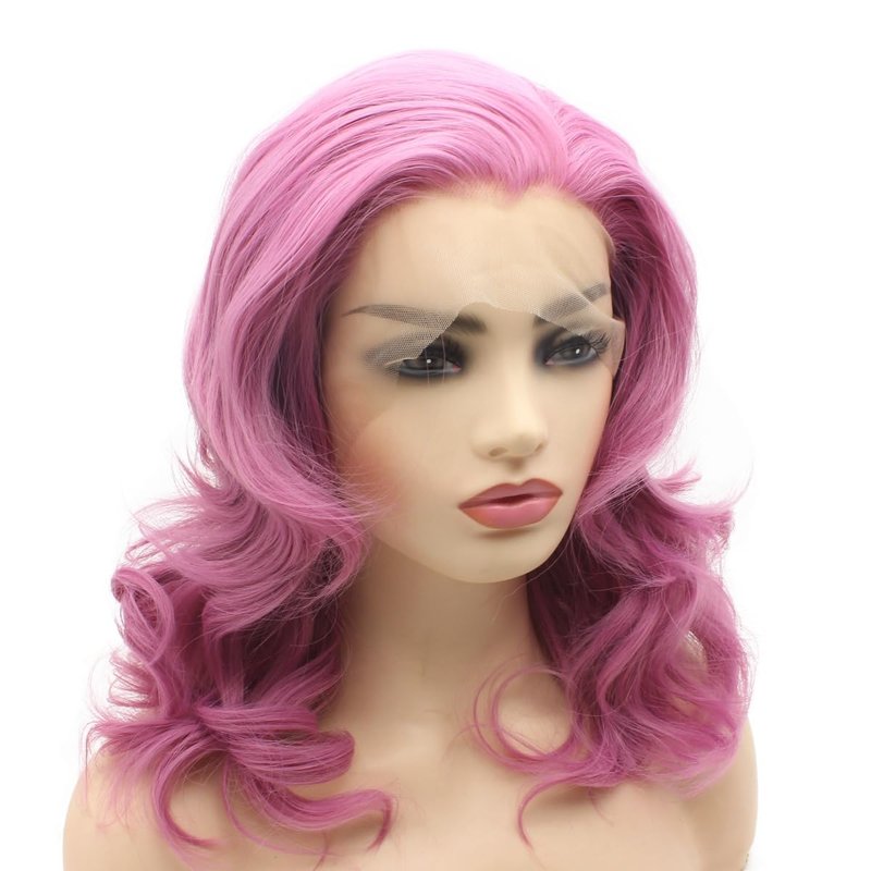 Peakia Shoulder Length Wavy Pink Half Hand Tied Lace Front Wig Synthetic