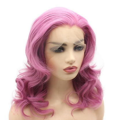 Peakia Shoulder Length Wavy Pink Half Hand Tied Lace Front Wig Synthetic