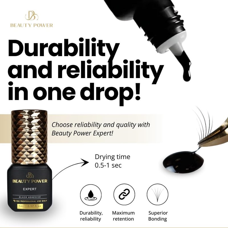 Eyelash Extension Adhesive Glue Expert - Beauty Power - Extremely-Fast 0.5-1-Second Drying Time - 10 Weeks Retention - Professional-Grade, 0.17fl.oz / 5ml (Black Finish)