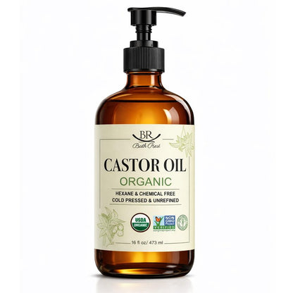 Bathrest Castor Oil Organic Cold Pressed Unrefined Glass Bottle 100% Pure for Hair Growth Eyelashes Brows Castor Oil Packs, Natural Skin Moisturizer, USDA Certified Hexane Free Vegan 16 oz (473ml)