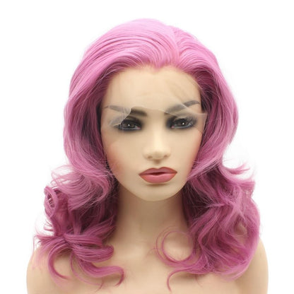 Peakia Shoulder Length Wavy Pink Half Hand Tied Lace Front Wig Synthetic