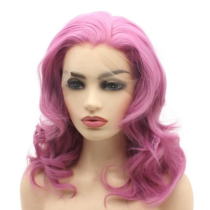Peakia Shoulder Length Wavy Pink Half Hand Tied Lace Front Wig Synthetic