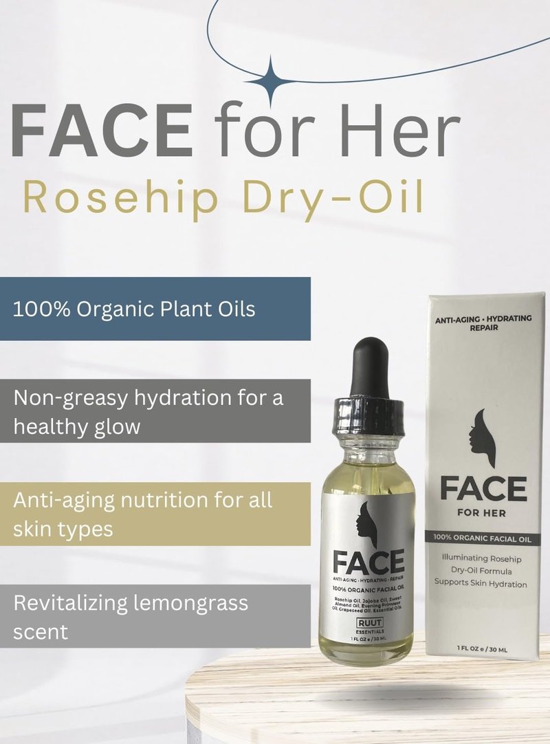 HAIRMETTO Organic Facial Oil Blend, Rosehip, Jojoba, Argan & Evening Primrose, Hydrating & Anti-Aging, Lightweight Non-Greasy Oil for Dry Skin, 30 mL