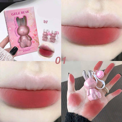 KTouler 3 Colors Cute Bunny Lip Gloss Keychain Set, Red Pink Brown Liquid Velvet Matte Lipstick,Long Lasting Soft Lipstick for Women Girls