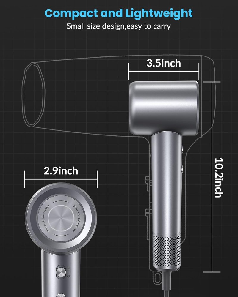 Hair Dryer, 110000 RPM Professional Ionic Blow Dryer with Brushless Motor for Fast Drying, Thermo-Control Quiet Compact Hair Blow Dryer with Magnetic Diffuser for Curly Hair for Home Travel Salon