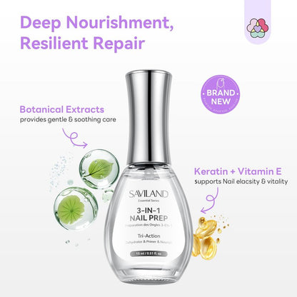SAVILAND Essentials Tri-Action Nail Dehydrator and Primer: 3-in-1 Nail Primer for Better Adhesion & Longer Lasting Manicure Plant-Based Nourishing Dehydrator Nails Prep Supplies for Salon