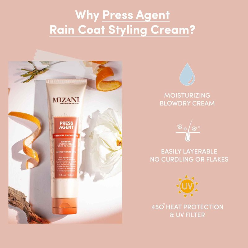 Mizani Press Agent Raincoat Styling Cream - Moisturizes & Protects Hair from Heat Styling & Blowouts, For Dry & Frizzy Hair, With Argan Oil