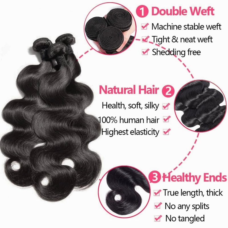 Human Hair Bundles with Closure 10 12 14+8 Inch Body Wave Closure with Bundles 100% Brazilian Virgin 3 Bundles Human Hair Weave with 4x4 Free Part Lace Closures Natural Black