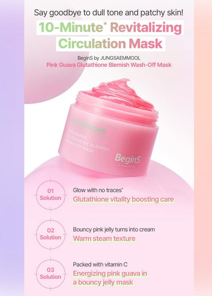 BeginS by JUNGSAEMMOOL Pink Guava Glutathione Wash-Off Mask 3.17 Fl Oz, Jelly Texture Face Mask with Vitamin C and Niacinamide for Skin Hydration, Blemish Care, and Radiant Glow, Korean Skincare