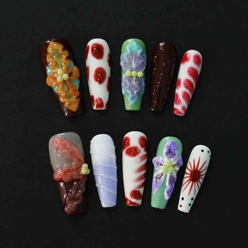 Tesytto Long Coffin Press On Nails with 3D Floral Design - Summer Multicolor Thick Luxury False Nails Reusable Acrylic Nails (Summer Stories,L)