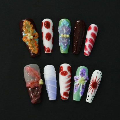 Tesytto Long Coffin Press On Nails with 3D Floral Design - Summer Multicolor Thick Luxury False Nails Reusable Acrylic Nails (Summer Stories,L)