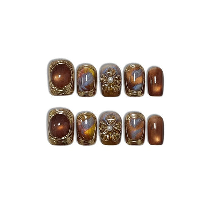 TENPAL Handmade Short Square Press on Nails with Kit,Golden Brown Chrome Hand-Sculpted Toffee Blooms & Gilded Edge Designs Glue on Nails,Glossy Sunset Metallic Cat Eye Fake Nails for Fall Winter(S)