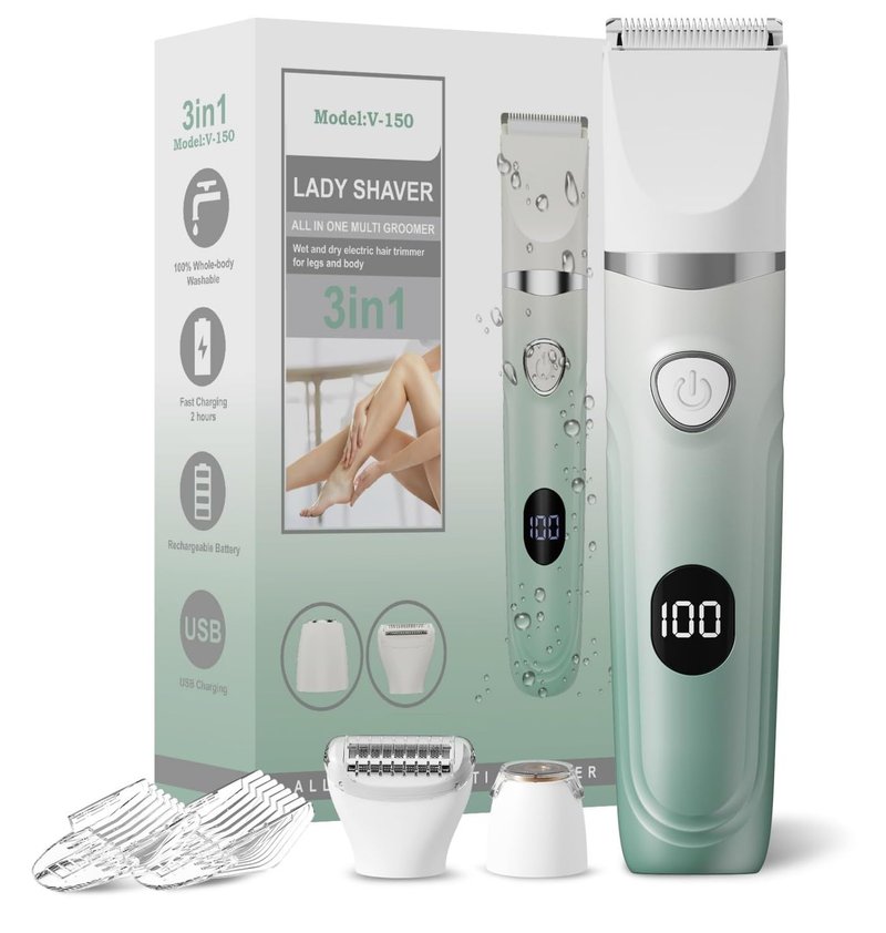 Bikini Trimmer for Women, 3-in-1 Electric Razors for Women, Waterproof Bikini Shaver Replaceable Facial, Body Trimmer for Pubic Hair, Painless Razor for Hair Trimmer, Mint Green