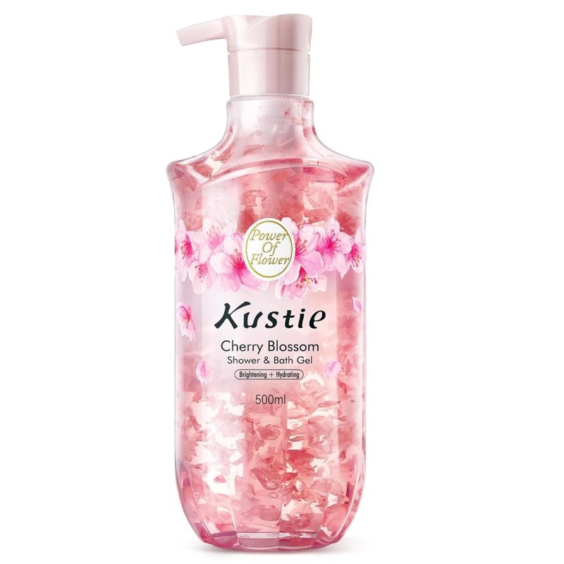 Kustie Cherry Blossom Body Wash for Women | Brightening Hydrating Shower Gel with Real Flower Petals, Niacinamide & Hyaluronic Acid | Light Natural Scent for Daily Use | Sulfate Free, 16.9 fl oz