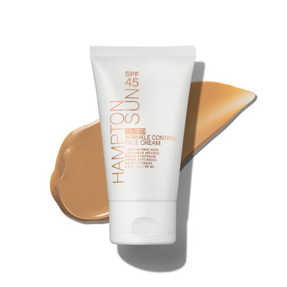Hampton Sun SPF 45 Tinted Wrinkle Control Face Cream. Daily Moisturizer + Sunscreen. Light, Blendable Coverage. Dewy, Glowy Finish. Hyaluronic Acid + Organic Cucumber Extract Plumps + Brightens